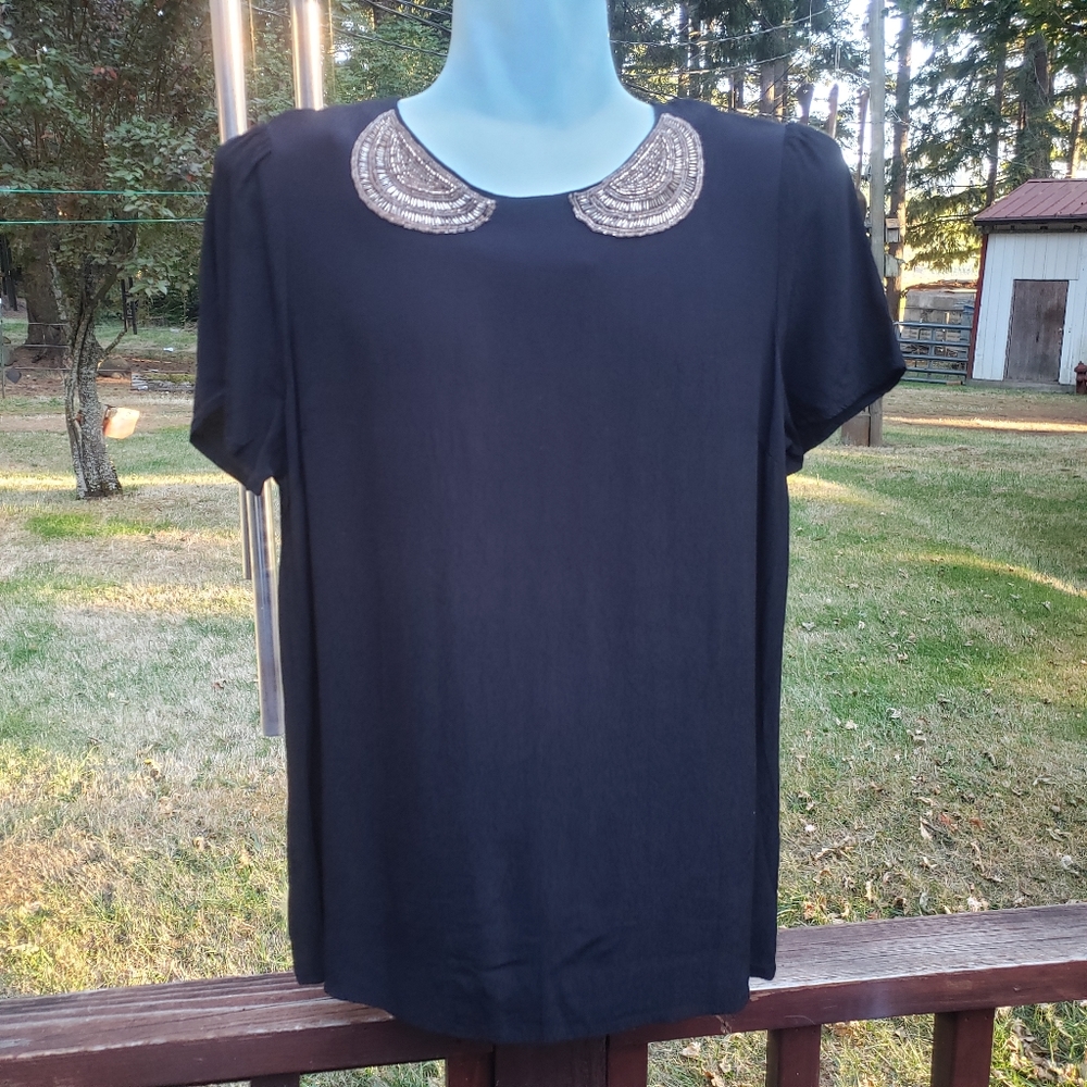 TOKITO- Black Blouse with Beaded Neckline - 10
